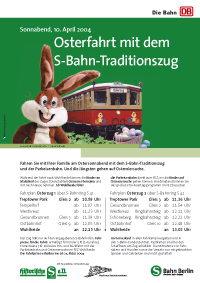Plakat Osterfahrt 2004, Hase, S-Bahnzug und Fahrplan 