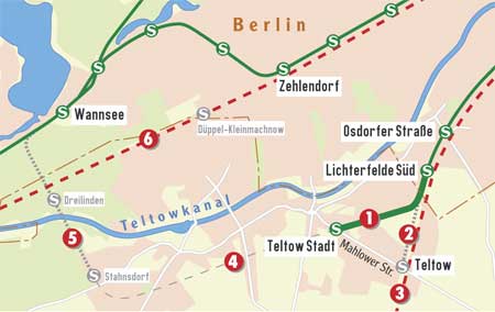 Karte der Strecken im Bereich Wannsee, Zehlendorf, Lichtefelde, Teltow, Stahnsdorf